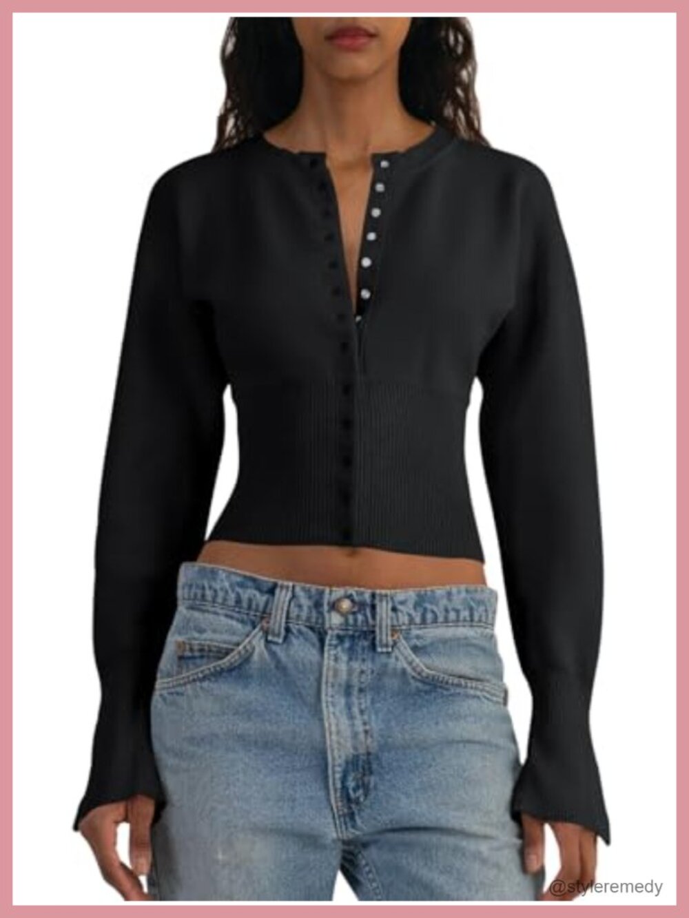 Cropped Sweater Button Down V Neck Ribbed Knit Slim Fit Long Sleeve Pullover Top